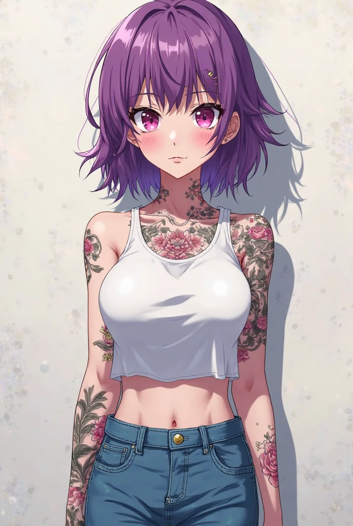 ((8K resolution))、((highest quality))、((masterpiece))、((Super detailed))((((dramatic))), (anatomically correct)、one woman、thin,In underwear、very short hair,pixie cut ,jagged teeth、double teeth、mouth is slightly open、thin bear、tattoo、(theme、whole body:1.1),white background