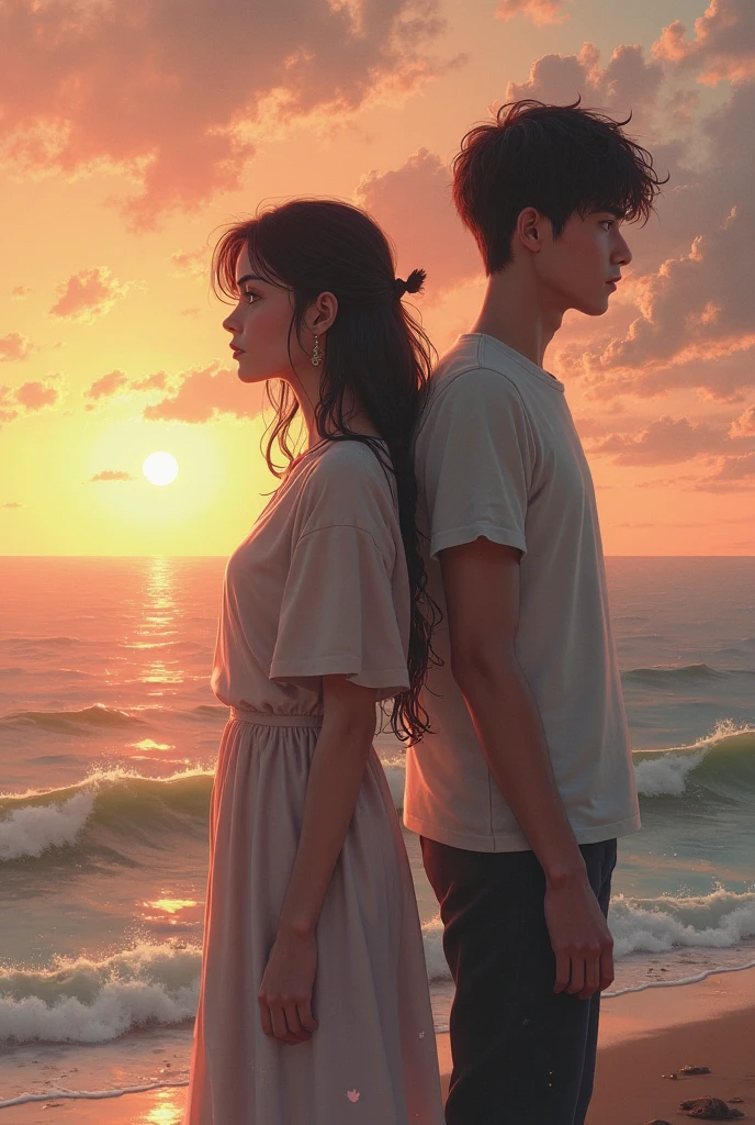 a young man and a woman(Hand in hand)Facing the sunset /The picture is warm/The camera looks up/Face away from the camera
