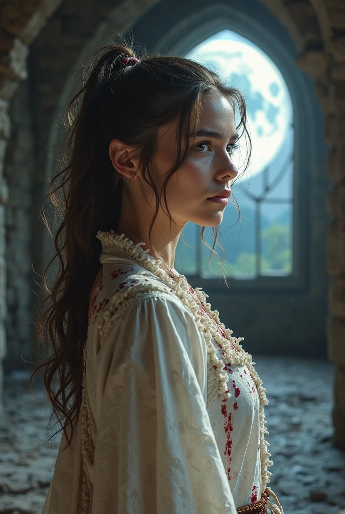 Emma Watson, ​masterpiece, ultra detailed, 8K, Raw photo, Realistic light, Cinematic composition, Realistic face, Realistic skin, (Big Breasts, Long Straight Hair,) (woman from Ukraine), (torn and dirty traditional clothes), cute sexy, sime, pleasure, perfect anatomy, war, cinematic, medieval village, nightfall