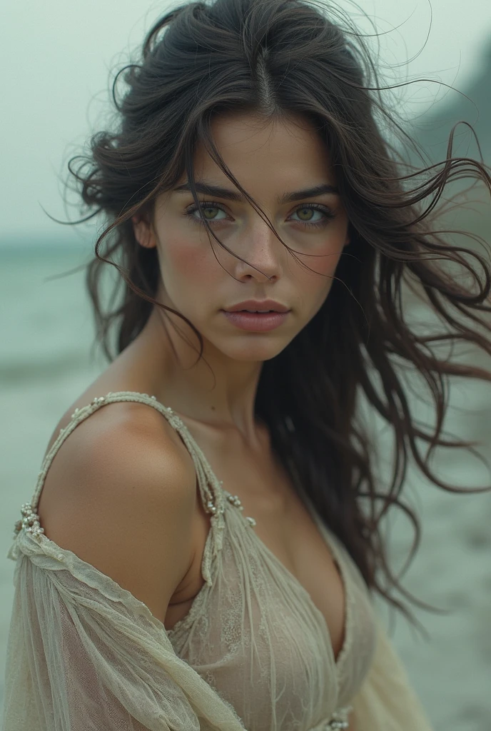 kmwld, (sharp focus:1.2), photo, attractive young woman, (beautiful face:1.1), detailed eyes, luscious lips, (cat eye makeup:0.85), (large eyes:1.0), (toned body:1.2), (1980s hair:1.2), wearing (1980s clothes:1.2) on a (beach:1.2). (moody lighting:1.2), depth of field, bokeh, 4K, HDR. by (James C. Christensen:1.2|Jeremy Lipking:1.1).