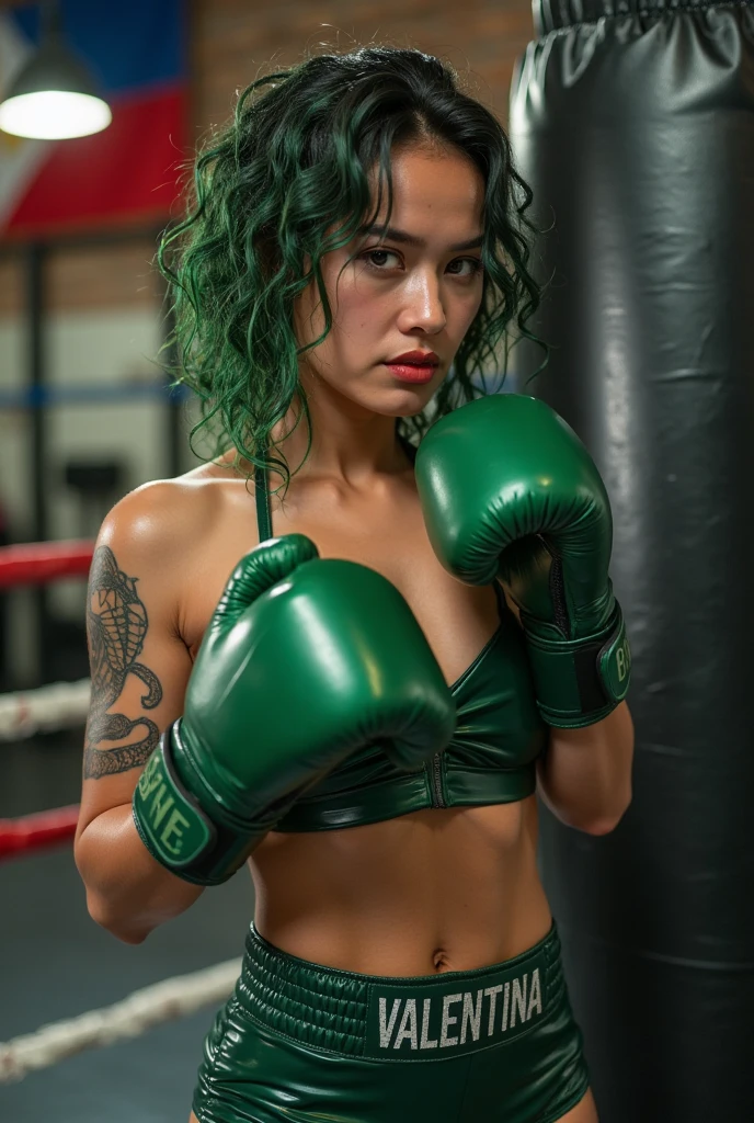 (medium full shot) of (powerful boxer) young woman, spanish, tan skin, dark green eyes, curvy build, short hazel straight bangs hair,  wearing yellow muscle shirt, training pants, boxing boots, hand wraps, sweatband, set in  boxing gym, heavy bags, speed bags, free weights, workout benches, mirrors along the walls, boxing ring in the center, motivational posters, woman smiling,  ,Masterpiece,best quality, photo, realistic, very aesthetic, detailed face,