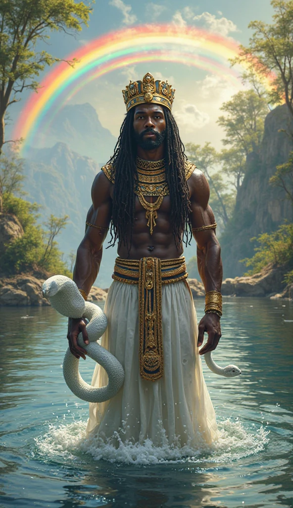 Orisha Black Man, light blue clothes, with a multicolored snake coiled around its body, in a waterfall, with a bright rainbow coming out of his hand