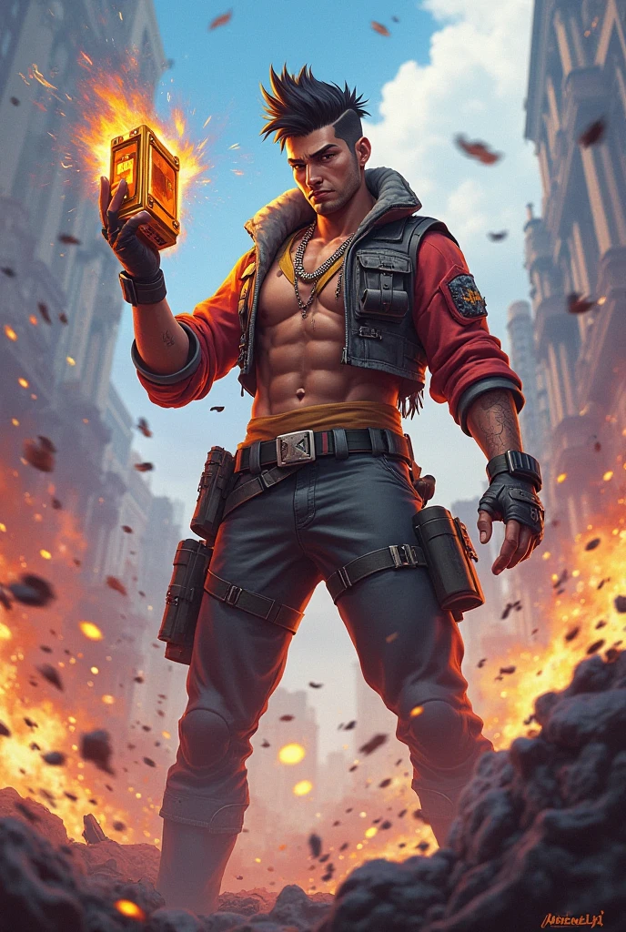 a bald, skinny handsome boxer in gloves shattering boxes, exploding fiery pieces flying in the air