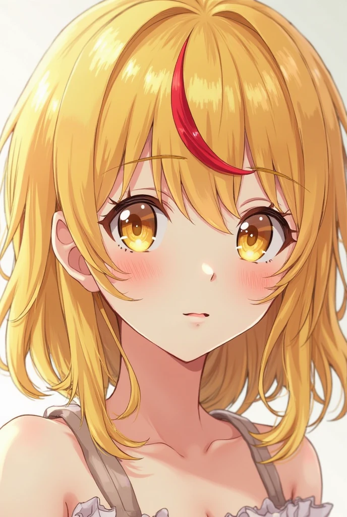 A pretty anime girl with lemon yellow hair and a red lock.  a beauty . With yellow eyes 