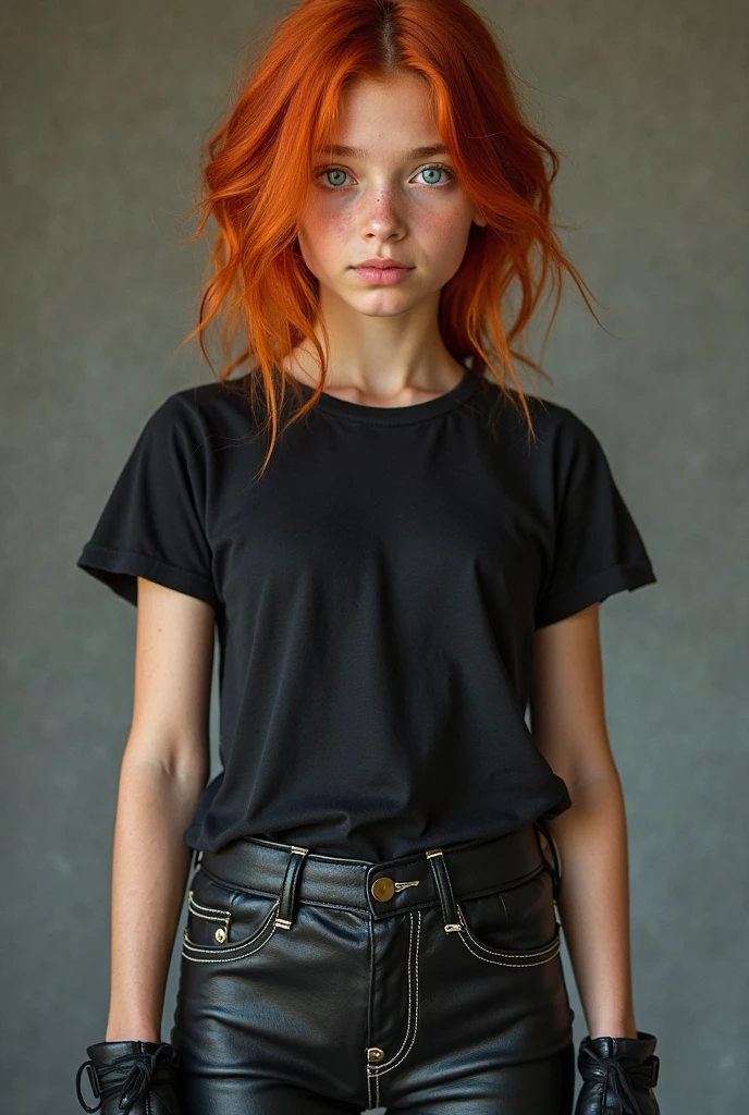 my appearance is that of a young girl washes red hair , navy blue eyes light tan skin my clothes are long denim pants tight black t-shirt like black leather pants and boots