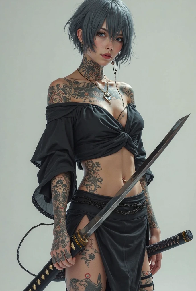 1girl, weapon, tattoo, sword, solo, breasts, katana, looking_at_viewer, long_hair, jewelry, hair_ornament, holding_weapon, arm_tattoo, holding, piercing, black_nails, ear_piercing, earrings, grey_eyes, cleavage, facial_tattoo, holding_sword, white_hair, back_tattoo, bare_shoulders, flower, necklace, from_side, mole, medium_breasts, lips, gloves