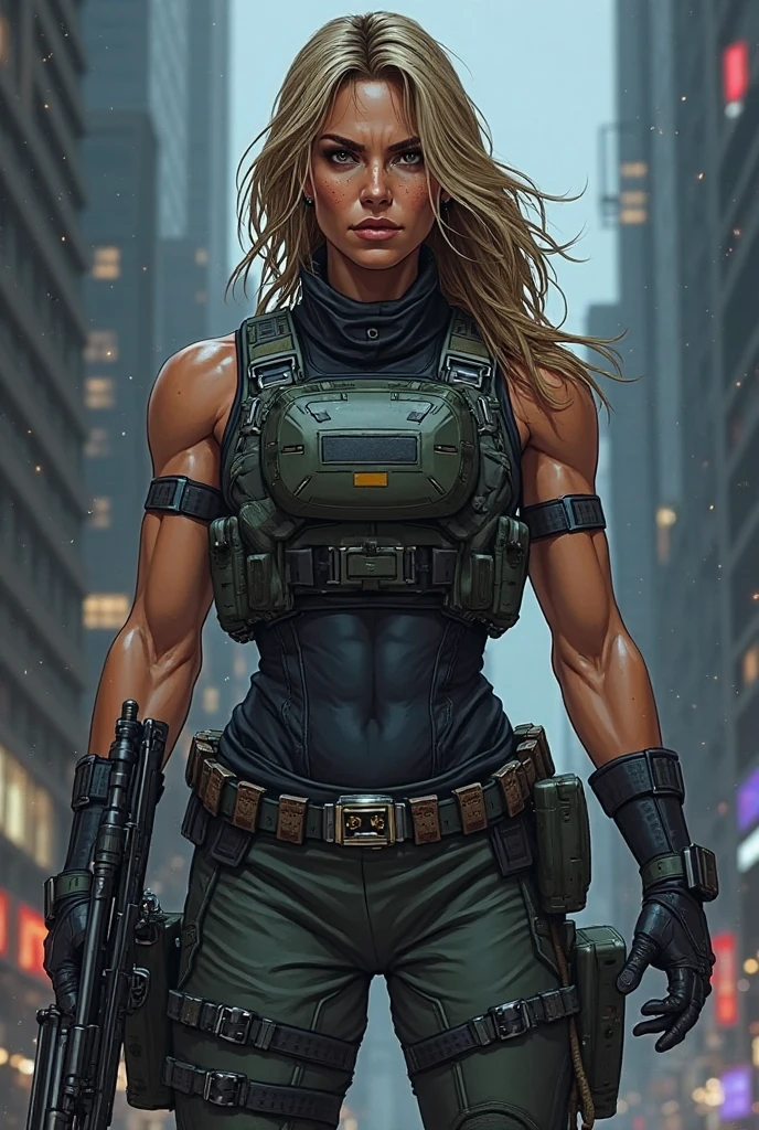 strong female comic character 40 years old tactical

"outfit
