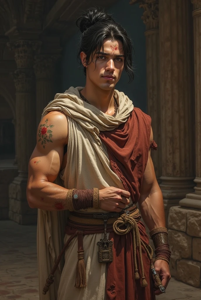 Handsome 28-year-old man, a tough but handsome profile, tanned skin, black hair, slightly messy, black eyes, unfriendly face, a toned and muscular body, beardless and dressed like a king.