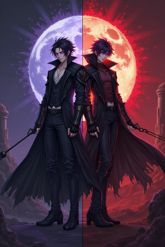 red full moon in the night sky、One Man、Black Hair、Short Hair、Black wings on the back、Red glowing eyes、Gothic Fashion