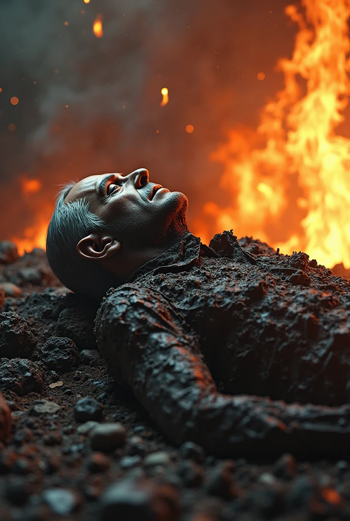 a dying warrior in a close-up coughing up blood, lying on the ground, rpg, 4k, cinematic, flame, trailer, film