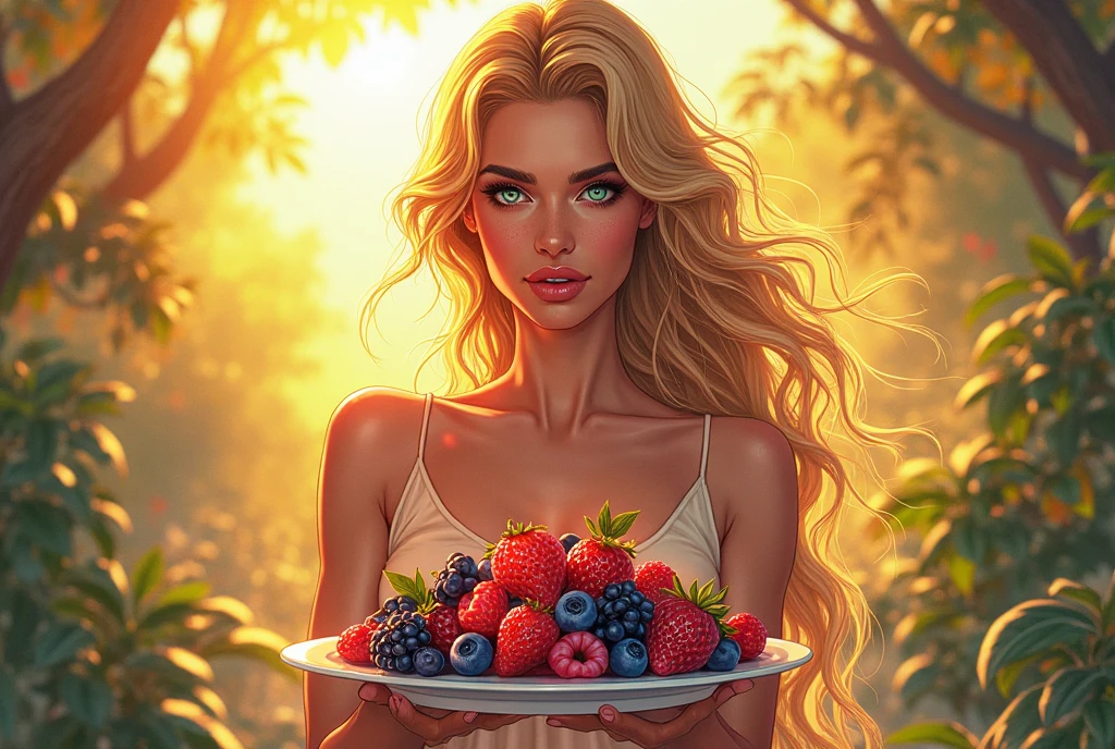 (best quality,4k,8k,high res,masterpiece:1.2),ultra-detailed, photorealistic, golden bronde hair, Mature and beautiful, 26 years old, realistic portrayal:1.2 Sailor Moon smiling, eating whipped cream covered giant strawberries in lingerie