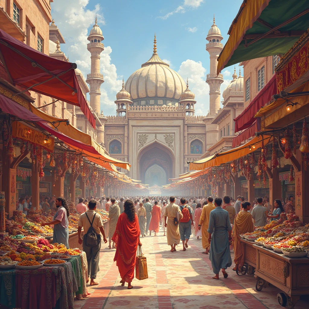 Background: In the background, depict a Muslim family buying sweets from a shop labeled "Misti Bhandar," while a Hindu family walks by a mosque nearby. The mosque and the temple should be visible in the same area, symbolizing coexistence.