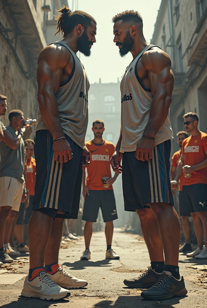 photo full body view, the 2 biggest heaviest hyper-massive overmuscular bodybuilded white european males with different hype styled undercut haircuts, facial piercings. muscle maxovergrowth . Dancing disco party in different latex shiny short jumpsuits and different hype futurist chunky sneakers and over-large white slouch socks, lots of jewelery and rings, socks must be seen, with disco various gay guys dancing behind