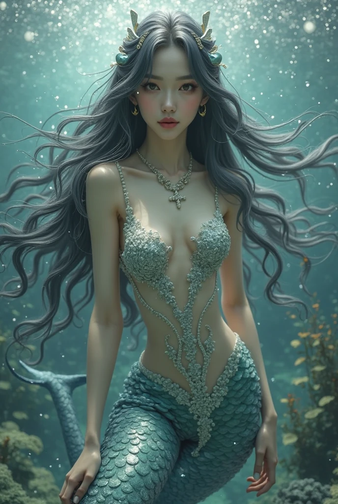 hand,The scene of a beautiful mermaid swimming in the deep sea,long flowing silver hair,gorgeous fishtail skirt,the skirt is inlaid with shining pearls and gems,noble and mysterious,the skin is white,the light smile,the eyes twinkle,as if telling a moving story,the surrounding bubbles and water waves add to the motion and depth of the picture,the peace and mystery in the deep sea,Beautiful and romantic,full of imagination and artistic appeal,fantasism,fantasy style,masterpieces,pastel colors,deep sea scenes,movie lighting,high contrast,unimaginable beauty,