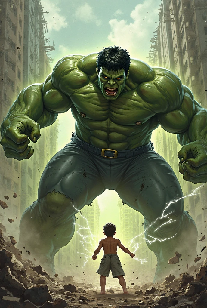 Hulk shields the child with his massive body as Venom attacks from the background.