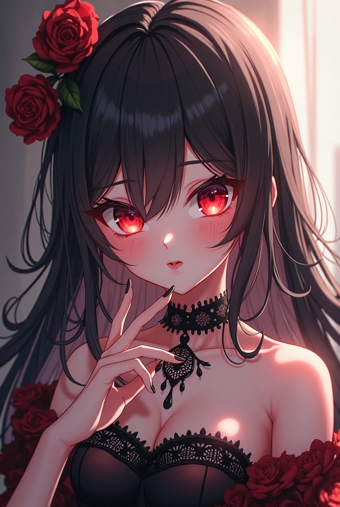<lora:detail_slider_v4:1.25>, (Masterpiece:1.3), (best quality:1.2), (detailed background:1.1), (intricate details:1.1), (detailed background:1.2), 1girl, solo, (soft skin:1.2), (long black hair:1.1), red lips, red eyes, (glowing eyes:1.1), (vampire fangs:1.1), large breasts, hair flower, silk flower, (naked sheet:1.3), red bed sheet, (nude:1.2), nipples, (red silk:1.1), (silk sheets:1.1), predatory smile, evil eyes, close-up portrait, from side, cleavage, <lora:skin_tone_slider_v1:-3.2>