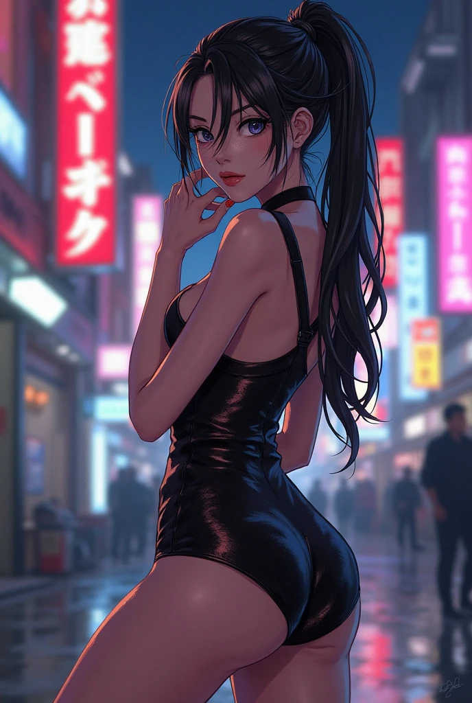 At night, in a street with red neons, a sexy woman wearing a nice outfit showing off her ass and showing her tongue