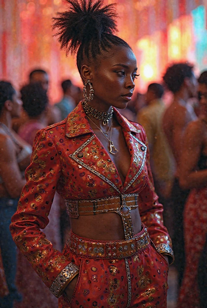 by royo, hyperdetailed, hyperrealistic, vivid portrait of a beautiful african woman in an African designed 80s- sfrican inspired outfit with vibrant colors, exaggerated shoulder pads, and bold accessories. Striking a powerful pose with an intense gaze, surrounded by a halo of smoke in tones that enhance her expression. On a stage with the smoke mimicking waves, matching the colors of her outfit. Perfect composition, exquisite attention to small details, realistic reflections, UHD, 8k, ultra-detailed texture, volumetric light, cinematic effects, masterpiece, trending on ArtStation, Octane 3D rendering