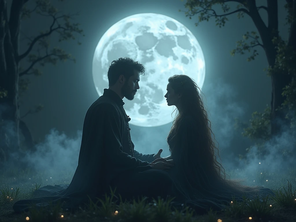 "a fantastic photograph of a couple embracing in the moonlight, the landscape is dreamlike, with incredible views, hyper-realistic, intricate details, highly detailed, cinematic style, award-winning photography"