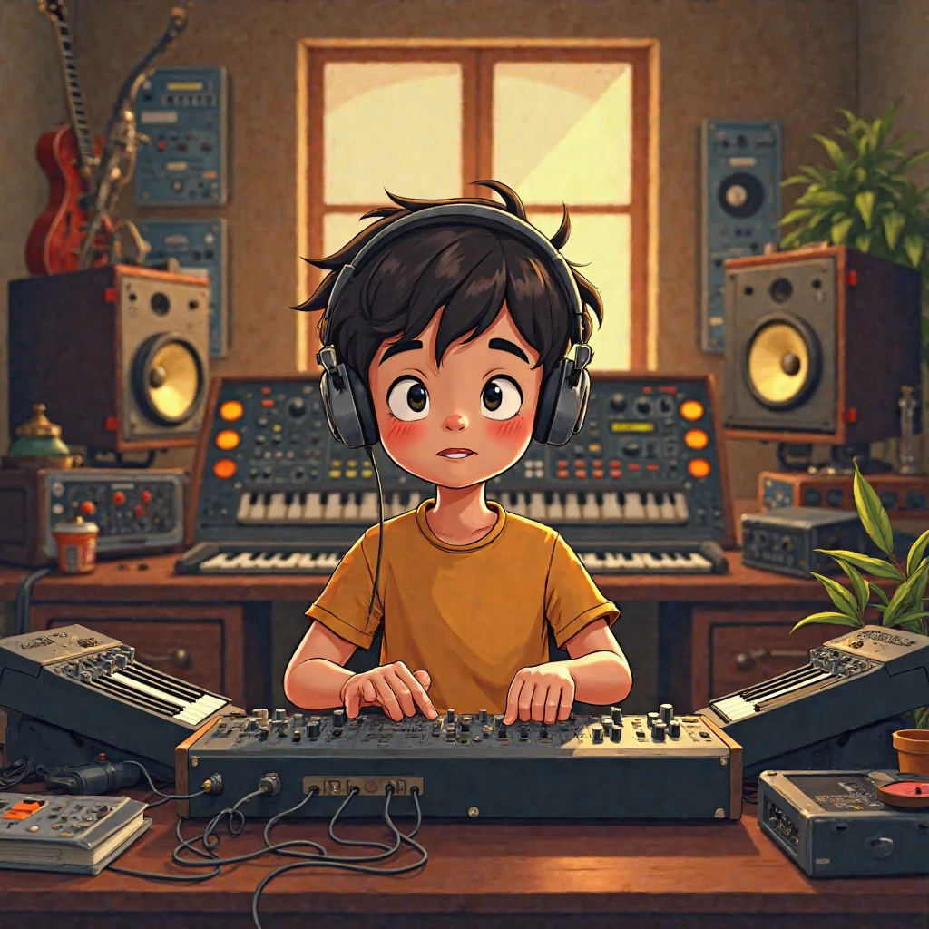 small boy in the studio recording music with headset on and a red bandana on the face