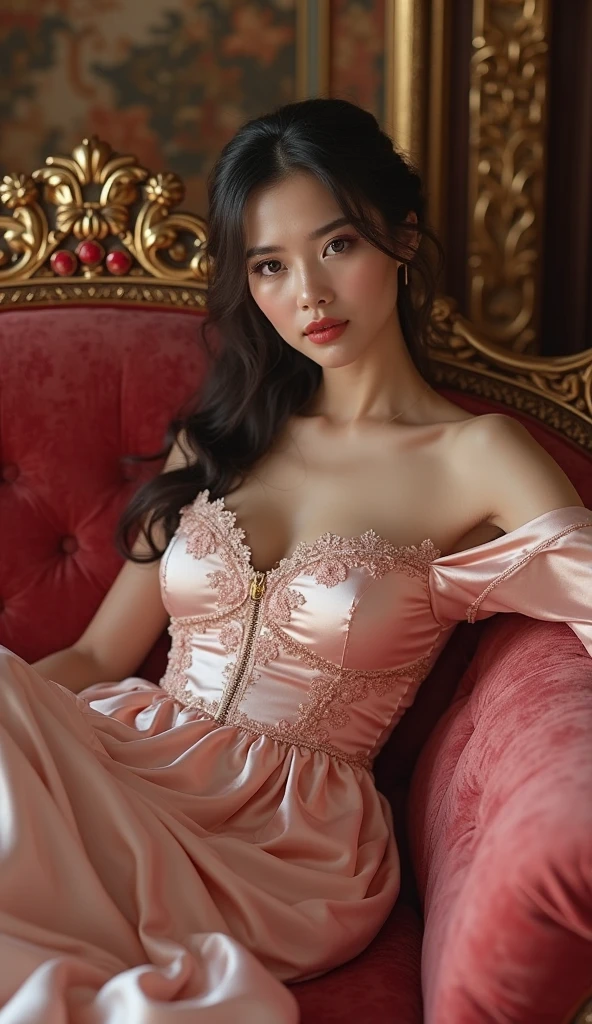 In a striking 8K HDR scene, a stunning Korean woman, 22 years old, lies peacefully in a black coffin surrounded by plush pillows. The deep box is set against a rich black background, accentuating the beauty of the subject. Her exquisite deep-V neckline kebaya attire is embroidered with superb detail, showcasing her round and firm breasts, perfect cleavage, and beautiful eyebrows. Her closed eyes and mouth give an air of serenity, while her visible and absolute cleavage leave nothing to imagination. The scene is bathed in saturated colors, highlighting every intricate aspect from the ball skirt to her clean face, straight body, detailed hand perfect hands, straight body, own hands together, own hand on stomach, detailed hands, perfect hands.