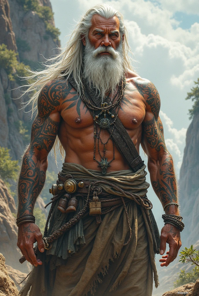 Create a human wizard who has glowing tattoos on his body