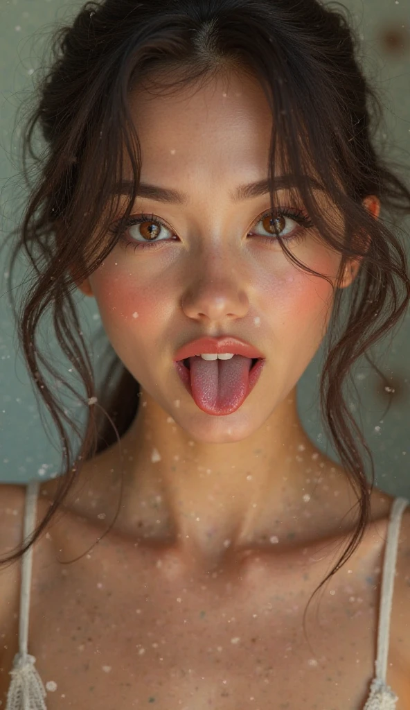 Tabletop,,Award-winning photo, Very detailed, Sharp focus on the eyes, Nose and mouth,Face Focus, Woman with open mouth and closed eyes, Red camisole、Age 35,Black-haired、Symmetrical face,Realistic nostrils、Angle from below、Elongated C-shaped nostrils,,,,,,,,,,,,,,,,,,,Browsing Caution,Italy、restaurant,Outdoor table,Sweaty skin、Lighting that highlights sweaty skin、((Nose hook))Skin shiny with sweat、Glowing Skin、Sweaty hair,Beautiful Japanese actresses,smile,(Super wet skin)((Super Steam))((Ahegao,Ahegao,Sticking out tongue,Long Tongue,))