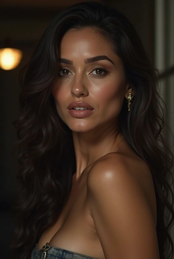 A female model with long, slightly wavy dark brown hair, a square-shaped face, and a pronounced jawline, retrato Jennifer Lopez, ( Calidad 8K ), ( mejor calidad ), ( Ultra HD ), ( Perfect character anatomy ), ( perfect ilumination ), ( Foto cuerpo entero 8k ), ( Detalles perfectos ), ( Detalles perfectos del personaje ), ( Detalles del entorno perfecto ), ( obra maestra ), ( Symmetry of the face of the perfect character ), ( Body construction of delicate woman character ), Sra. Anuncio de Claus de chocottone cremoso, usando ropa natalina feminina linda, Christmas landscape, Christmas tree with star of Bethlehem., mesa natalina