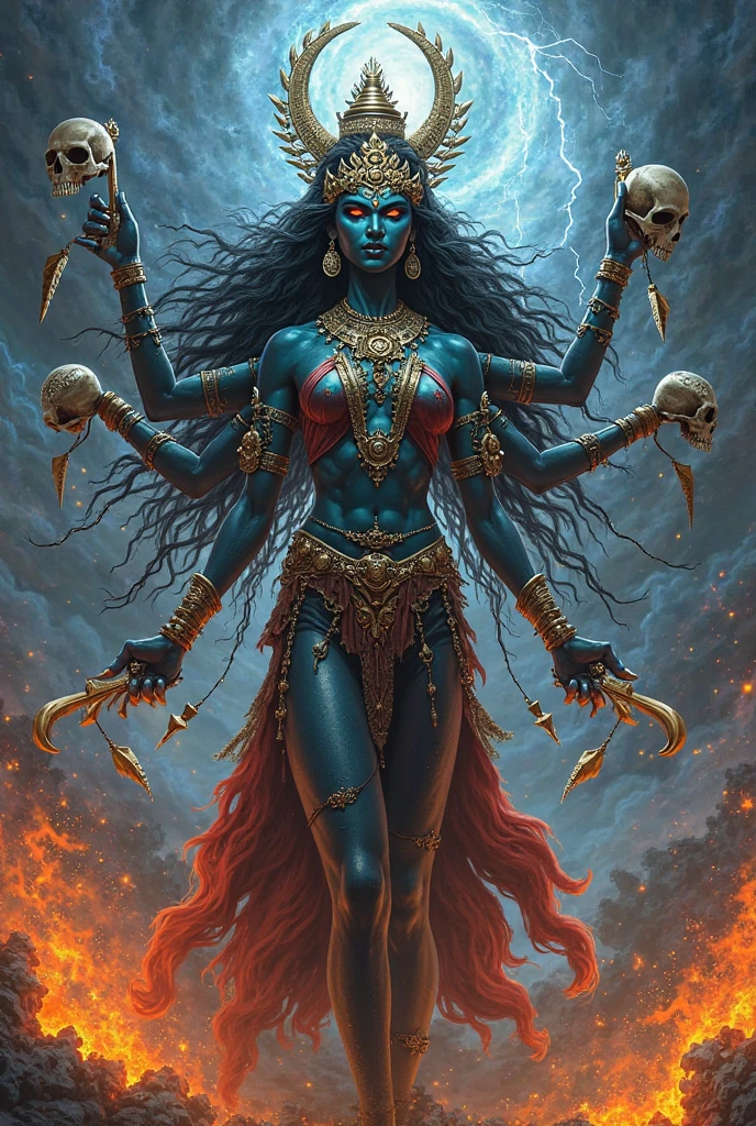 Goddess kali in traditionals with tounge out and open hairs, blood