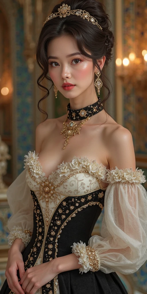 (A 20-year-old princess is standing), (Ultra-realistic), (mask), ((short hair:1.46)), (Smooth black hair), (bust:1.0), (A kind smile:0.9), (Floral Dress:1.46), (Majestic palace:1.46), Orange lipstick
