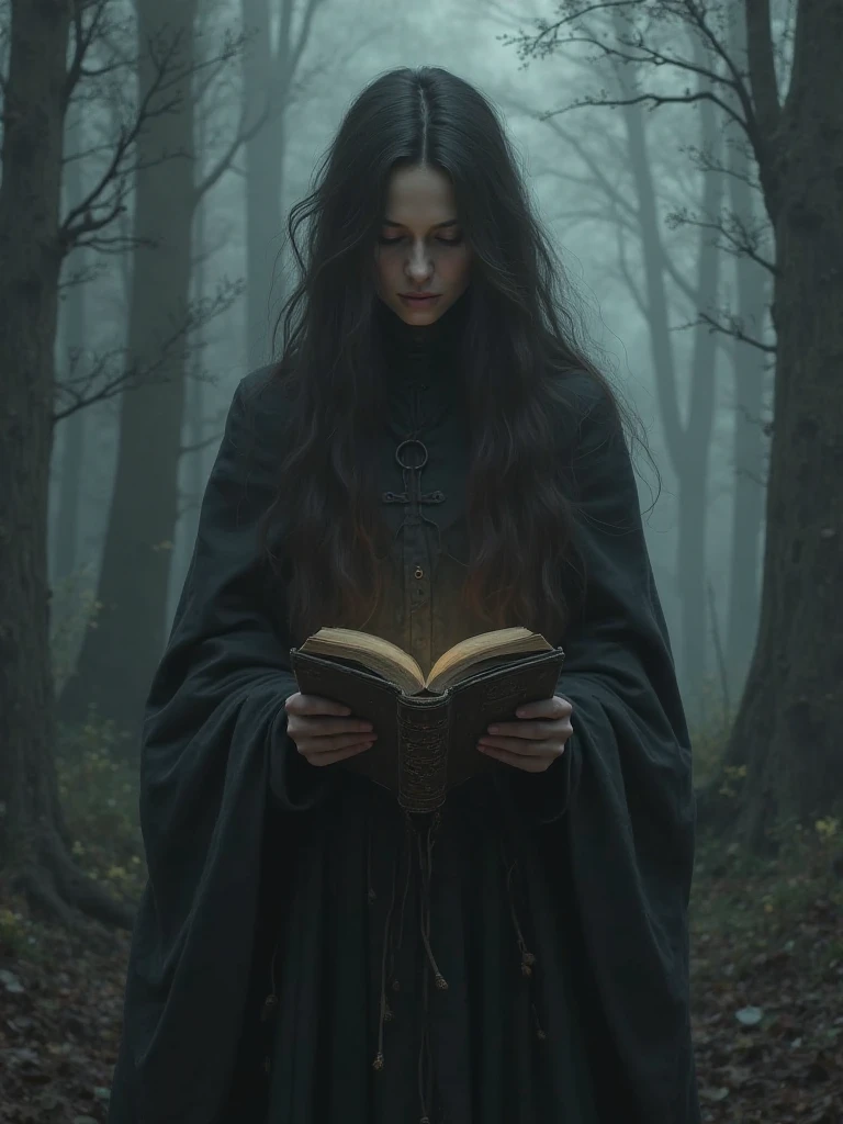 Witch ,forever Young , cursed skin ,black Robe ,very long Hair ,slim ,Slender ,flat chest ,DARK Magic , Red eyes , possessed by the Devil, cursed black Magic book,DARK Shadow spells