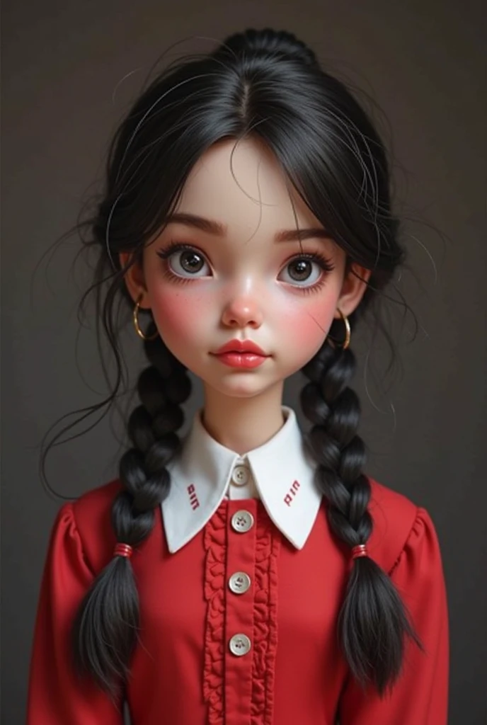 I want a 12 year old child who has red and black and white clothes and has black and white hair. 