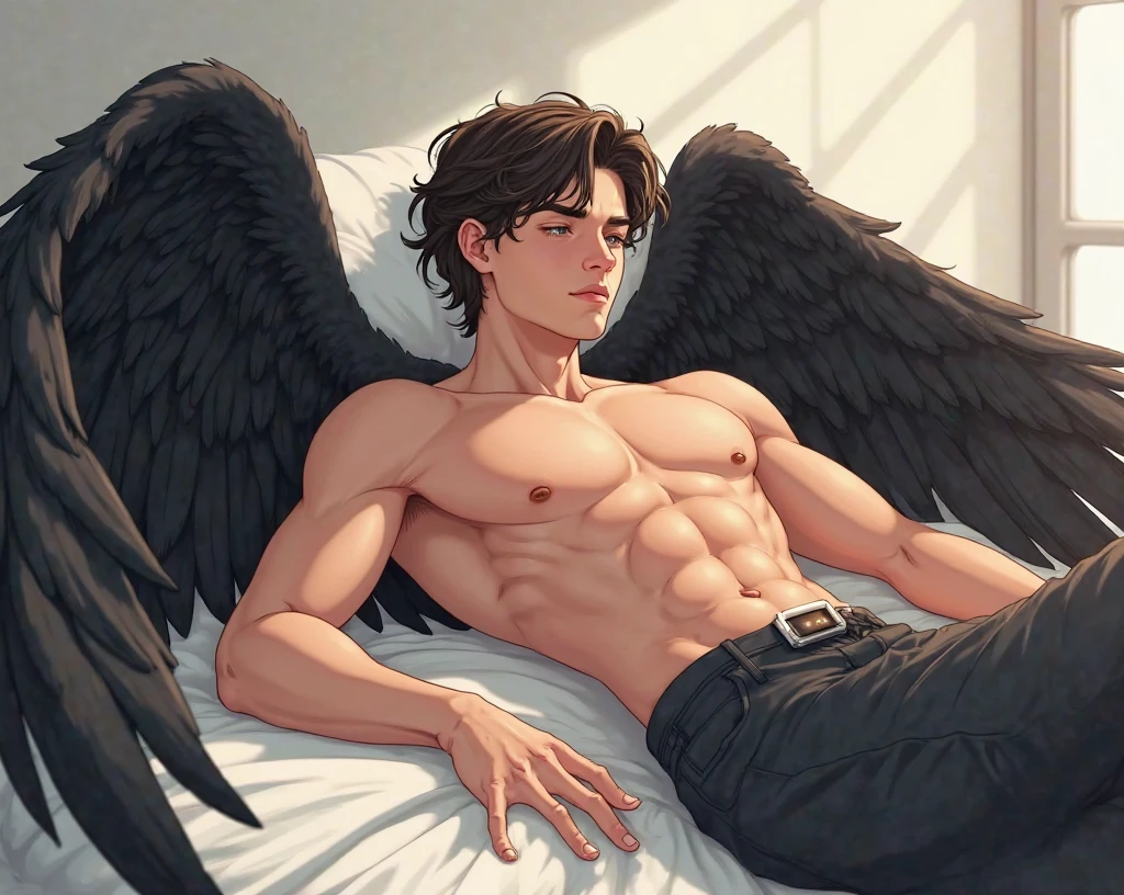 A young man without a shirt in boxers, with a well-formed bare abdomen with black hair red eyes handsome face In the middle of a room sitting on a bed with black wings, with arms crossed leaning against the realistic bed