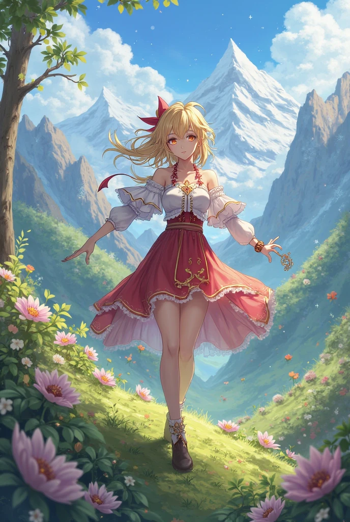 1girl, :d, ahoge, backpack, bag, bangs, blue_sky, boots, cabbie_hat, cloud, cloudy_sky, clover, day, dodoco_\(genshin_impact\), dress, feathers, four-leaf_clover, gloves, grass, hat, hat_feather, klee_\(genshin_impact\), long_hair, long_sleeves, looking_at_viewer, low_twintails, mountain, open_mouth, outdoors, pointy_ears, red_dress, red_eyes, red_headwear, sky, smile, solo, twintails, white_feathers, white_legwear<lora:style_necomi:1>