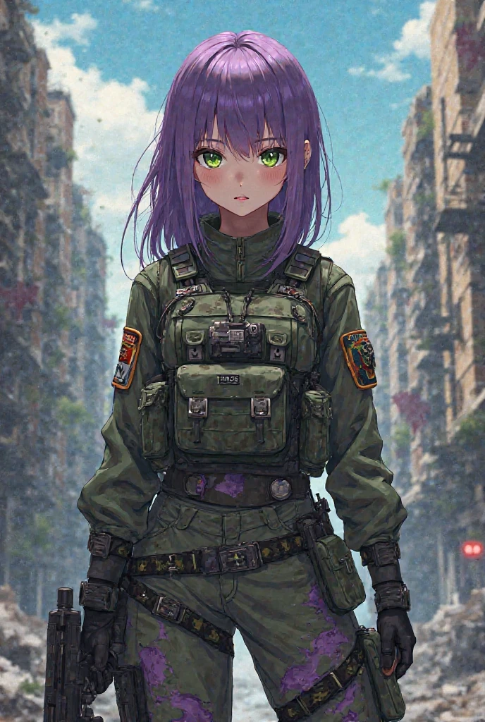 full body, 1a person、Fluttering violet hair、Beautuful dark-skinned Women、(dark-skinned、A detailed face、Detailed facial contours、sharp outline、detailed eyes、Bright pupils、Gradient Eyes:1、finely detailed beautiful eye:1、Symmetrical eyes:1、big highlight on eyes:1.2)、Detailed hair strands、Purple eyes)、ripped muscular abdominals、breasts are very small in size、Glossy lips、Three-dimensional nose、Three-dimensional lips、(asymmetrical bangs、Long violet hair、disheveled hair)、(digital camouflage Army Pants、rebel Military、open coat jacket、tattered parka with bullet holes、hand gloves、Army Boots、Tactical Holster、HK mk.22、Holding a tarnished pistol)、(Fine fingers、detailed arms、detailed human hands)、(in 8K、top-quality、masterpiece、ighly detailed、 profetional lighting、Near and far law、Post-apocalyptic cyberpunk cannabis forest festival、(High dynamic range)、sharp focus:1。4、(Hyper-detailing、finedetail)、