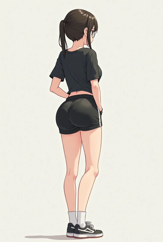 green solid background, 1 woman, best quality, ultra high res, long hair, black hair, brown eyes, bike shorts, military boots, abs, blank white t-shirt, short sleeves, smiling at viewers, double D breast, standing, full body