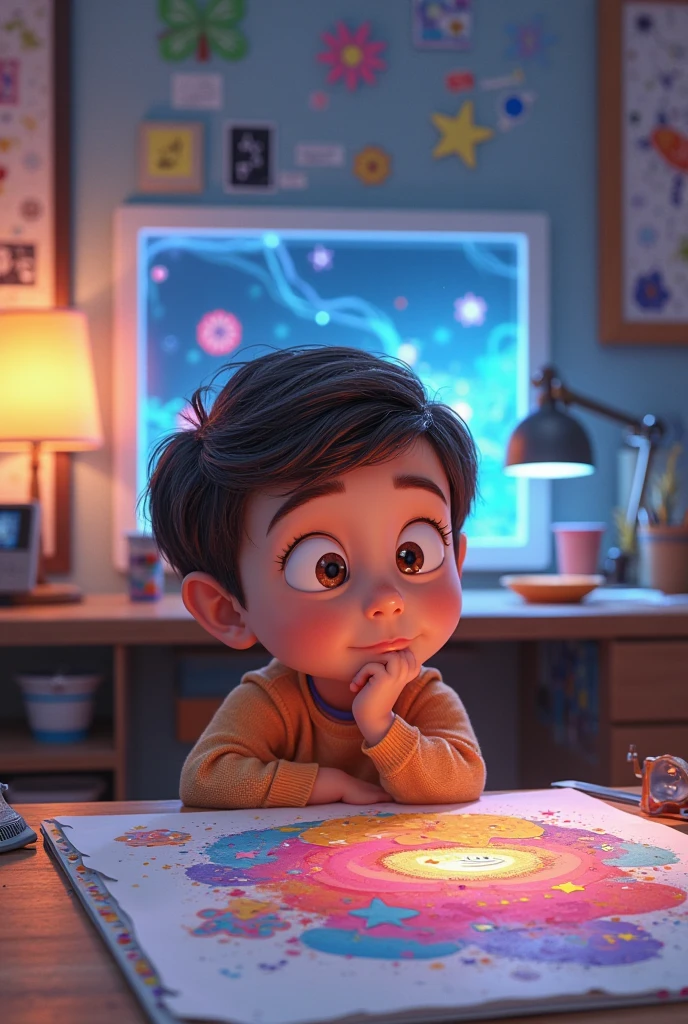 Generate, A boy sitting on a chair. He's wearing a t-shirt which is named NASA. On his table there is a white telescope. A book is on his table near to him named as Psychology . He is looking at a rough sheet and writing mathematical concept.