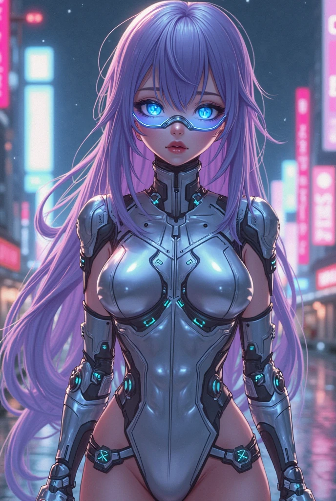 One girl (masterpiece, round_iris, very crisp crystalline shiny purple eye, perfection_anatomy, very_Fascinating_Hypnotic_Mysterious_eye, ) perfection face, Long pink hair, Malicious smile, Big Breasts, robot, robot outfit, cyber punk, city, highest quality, 4K