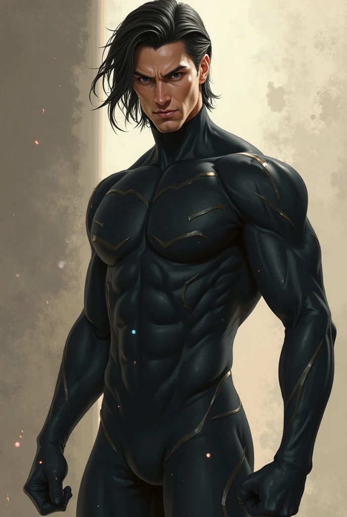 Male, Black hair, medium hair, black eyes, dark clothes, kind of Muscular, white skin, compression shirt, toned body type