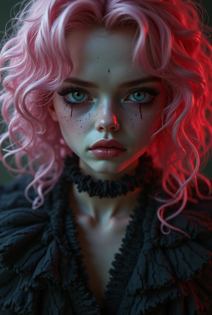 aa portrait of vampire with a bloody tear coming down from he eye, an exotic beautiful female vampire, pink hair color, dynamic hair style, ultra detailed face, best detailed face, silver eye color, ((1single red teardrop: 1.3)), ((tear drop made from blood)), ((teardrop coming down from the eye: 1.3)), small cleavage, wearing two black diamond earrings, Ultra-high resolution, High Contrast, (masterpiece:1.5), highest quality, Best aesthetics), 16K fantasy art, best details, best quality, highres, (ultra wide angle: 1.2), 16k, [ultra detailed], masterpiece, best quality, (extremely detailed), ladyshadow, magical sky, crying style, vampire teeth
