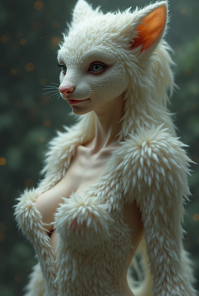 Best quality, 4K, masterpiece, art, anthropomorphic white fox, hybrid creature, not human, not man, not human face, correct anatomy, correct fingers, white fur, fursona art, incredibly huge breasts (covered), simple background, white white, green pupils, cunning look
