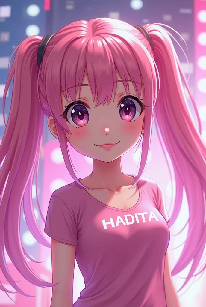 1girl. pink hair.long hair.twintails.{loli}.short stature.small breast.white t-shirts.skirt. (((masterpiece))).(((best quality))).)((ultra-detailed))).(((illustration))). (((put your hands on your hips))).(((night view))).(((Heart on chest))).make a fist.