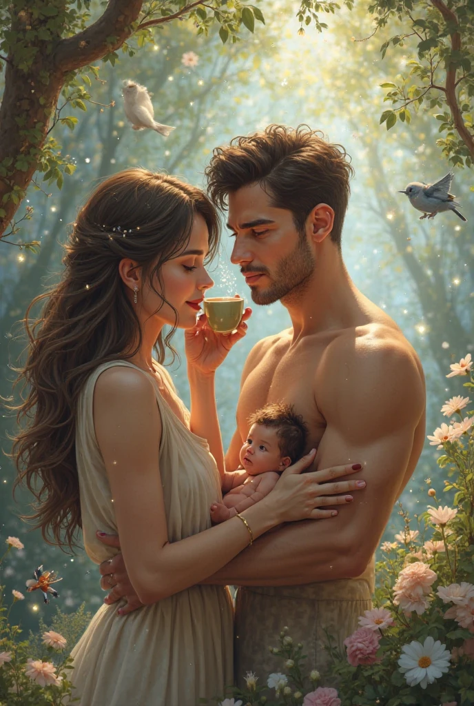 Extremely handsome man with defined body, greeneyes, wavy black hair, tanned skin with her son in the forest looking at her partner, a woman illuminated by the light of the moon goddess, strawberry blonde hair, amber eyes, holding a baby in her arms wearing a white dress