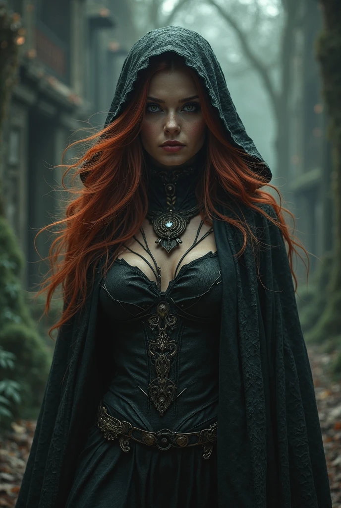 (full body shot:1) photorealistic image of a (standing pose:1) ultrarealistic, photography, long red hair, woman, 24 years old, hourglass figure, perfect body, seductive look, natural medium breasts, blur background, female grim reaper cosplay, cleavage, wearing a dark hooded cloak and wielding a scythe, she is standing in the doorway with darkness behind her and a thick mist surrounding her, blood is on the scythe, full body shot, full body, full body picture