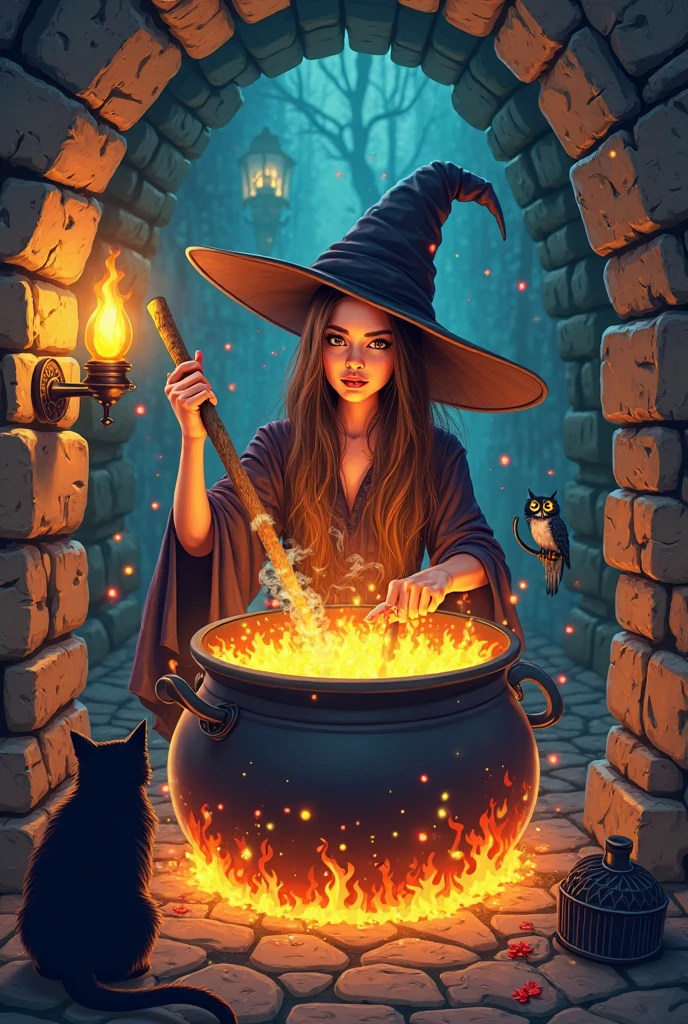 Generate an enchanting Halloween image of a witch stirring a bubbling cauldron in a moonlit forest. Surround her with mystical ingredients and glowing runes.