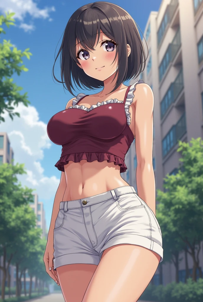 Hyper realistic super detailed sexy woman, Une fille confiante, NSFW (en anglais seulement), Very detailed, expressions faciales sexy, seductive facial expressions, [:(Face detail: 1.4): 0.4], 16K resolution, 4k resolution, dinamic lighting, High definition resolution, (masterpiece, best quality, (1girl) ,solo,milf, YukikoMinase standing in park,[black hair:green hair:25],pov,  huge breasts, short hair, lipstick, eyelashes, yellow eyes, detailed eyes, perfect face, jewelry,((white) tank top), denim shorts, short shorts, smiling, blushing, nature, vegetation,lamp post, dragging viewer, lifting shirt, navel, open fly, partially unzipped,flashing, shirt pull, (shirt lift, flashing, lifted by self)