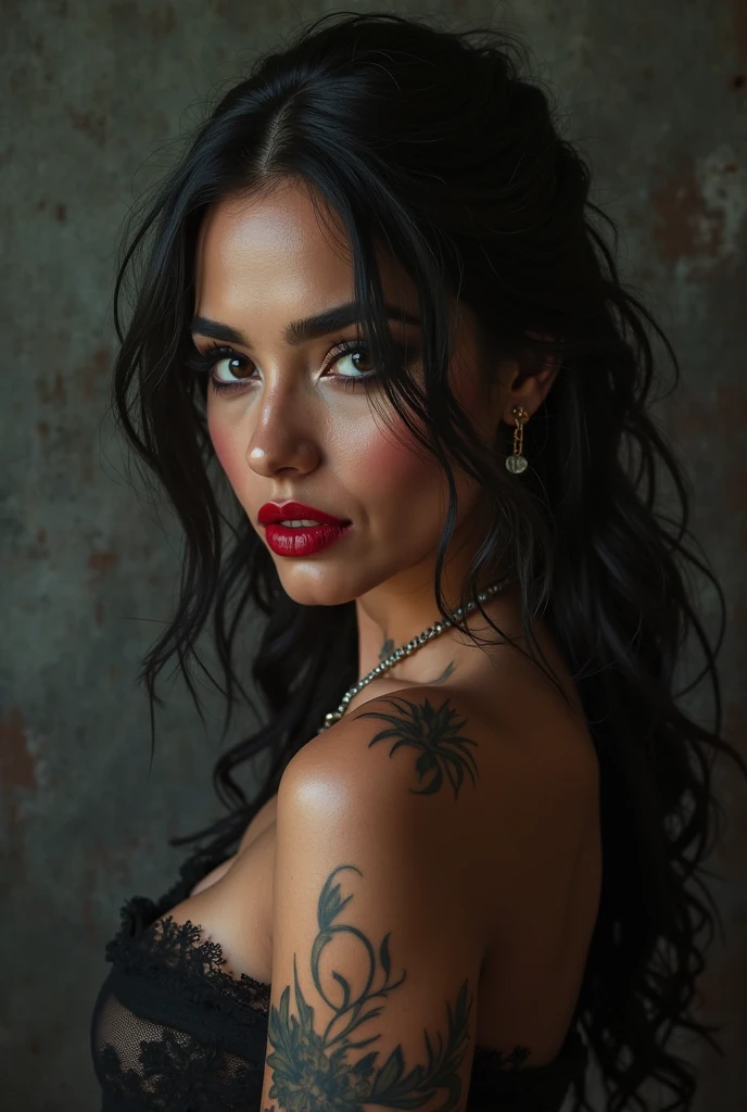 (((medium full shot))), (Masterpiece, photorealistic, photorealism, best quality, ultra-detailed:1.3), (nice hands, perfect hands), official art, cinematic light, (1girl:1.3), adult, a stunning woman adorned in tribal warpaint and tattoos, with intricate details, photorealistic elements, and a touch of sensuality. The piece includes detailed eyes, vibrant colors, magic symbols, and a provocative pose, alluding to themes of nature, conspiracy,