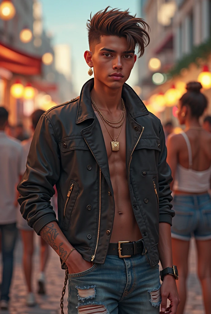 Year 2055, the future. , Where: Las Vegas Strip, What: A shirtless 19 year old dirty nasty male street, a male hustler , street prostitute,oily hair, tatoos, gold ring in lip, gold earrings both ears, stands on a corner in downtown New York City, nighttime scene , Yellow Cabs in the background, shirtless, torn faded and distressed bell bottom jeans., A shirtless 19 year old male hustler , street prostitute, stands on a corner in downtown New York City, nighttime scene , Yellow Cabs in the background, shirtless, torn faded and distressed bell bottom jeans.