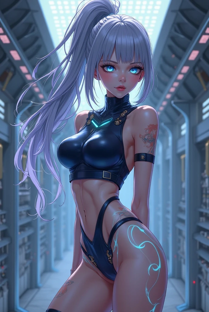 Masterpiece, Best Quality, Girls, Slender, Blue Eyes, Hair Color, Rainbow, Long Hair Spreading, White Skin, Blood Vessels on Arms and Chest, Medium, Cute, Sexy, Near Future, Cyberpunk, Bikini, Exposed Skin, Night, Psychedelic, Trip, Highly Colored, Paisley Themes, Open Legs, Mechanical Left Arm, Full Body