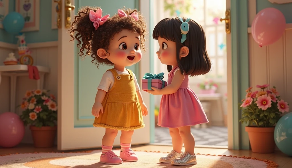 Two black girls with curly hair with scarf smiling, in denim overalls in the ball pit